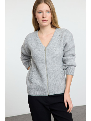 Trendyol Gray Soft Texture Stone Embroidered Coat Look Knitwear Cardigan