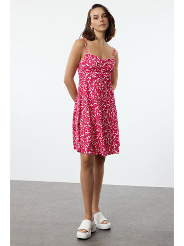 Trendyol Fuchsia Floral Patterned Textured Straps Stretch Detailed Flexible Knitted Mini Dress