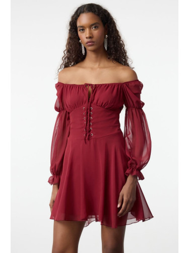 Trendyol Burgundy A-Line Carmen Neck Tie Detail Lined Chiffon Short Dress