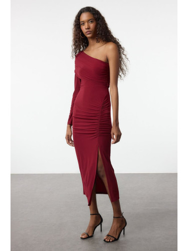 Trendyol Claret Red Plain Maxi Single Sleeve Draped Detail Slit Body-Fits Flexible Knitted Dress