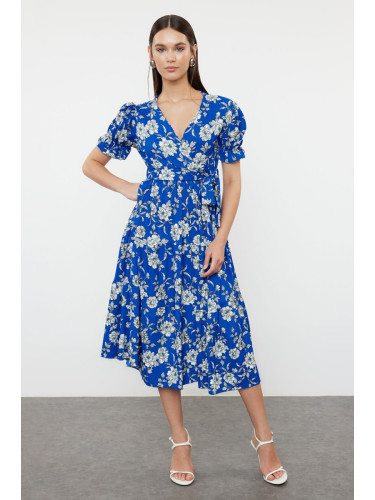 Trendyol Blue Printed Belted Double Breasted Ruffle Skirt Knit Dress