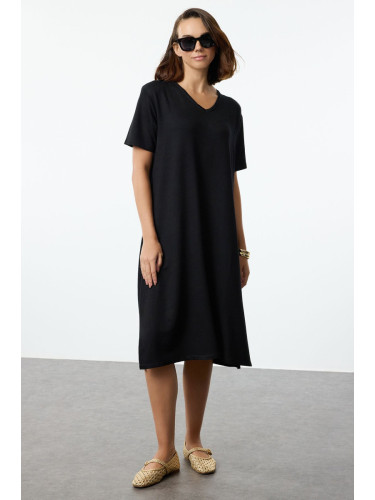 Trendyol Black Plain Maxi V Neck Relaxed/Comfortable Cut Flexible Maxi Knit Dress