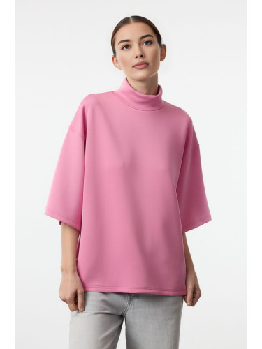 Trendyol Pink Oversize/Wide Pattern Stand Collar Three Quarter Sleeve Knitted Sweatshirt