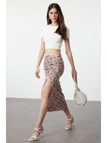 Trendyol Purple Floral Printed Textured Slit Gathered Stretchy Midi Knitted Skirt