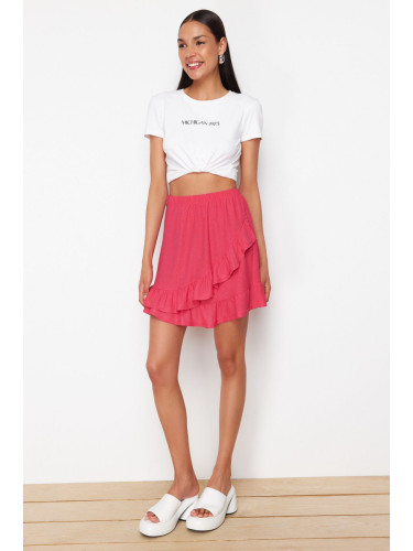 Trendyol Fuchsia Textured Asymmetric Ruffle Detailed Elastic Waist Flexible Mini Knitted Skirt