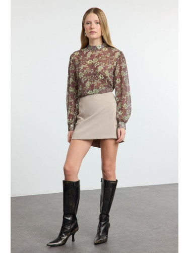 Trendyol Brown Floral Patterned Oversize Wide Pattern Woven Blouse