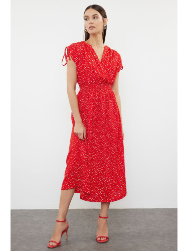 Trendyol Red Floral Zero Sleeve Double Breasted Skater/Waist Opening Gathered Flexible Midi Knit Dress