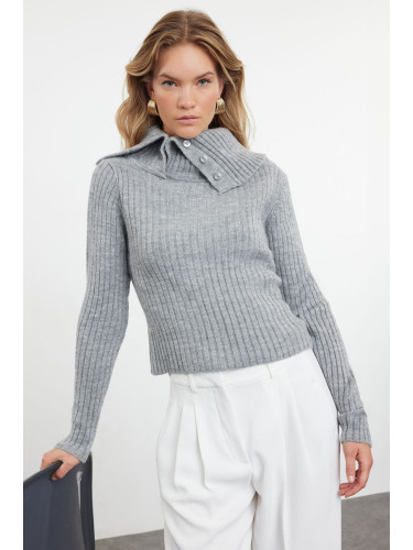 Trendyol Gray Soft Texture Crop Boat Neck Detailed Knitwear Sweater