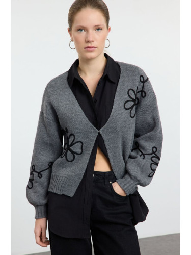 Trendyol Anthracite Embroidery Detailed V Neck Knitwear Cardigan