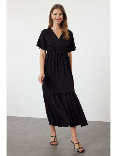 Trendyol Black Plain Maxi Double Breasted Skirt Ruffle Textured Short Sleeve Flexible Knitted Maxi Dress Knit Dress