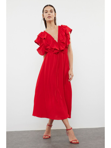 Trendyol Red Straight A-Line Flounced Viscose Woven Dress Woven Dress