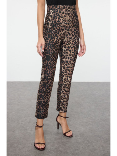 Trendyol Multi-Colored Cigarette Pattern Leopard/Animal Pattern High Waist Ankle Length Woven Trousers