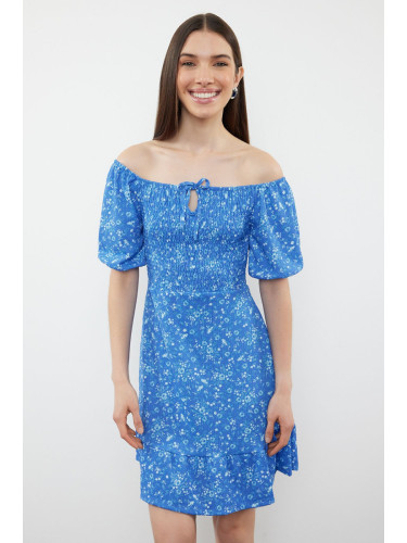 Trendyol Blue Floral Midi Dress with Tie Detail and Elastic Waist Opening Knitted Dress