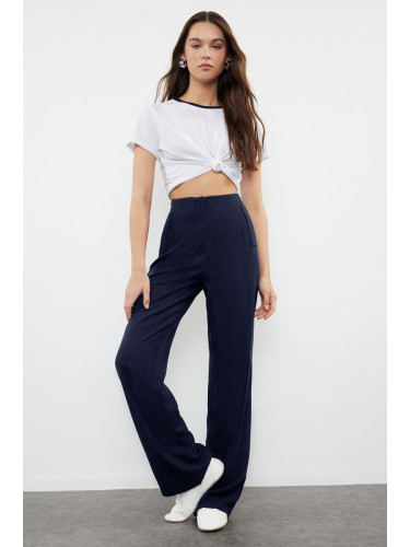 Trendyol Navy Blue Linen Look Wide Leg High Waist Woven Trousers