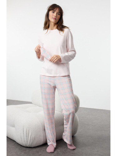 Trendyol Pink-Multicolored Cotton Plaid Sleep Band Knitted Pajama Set