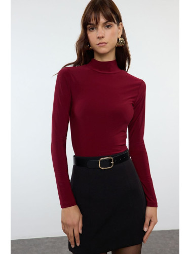 Trendyol Burgundy Fitted Long Sleeve Stand Collar Ribbed Stretchy Knitted Blouse