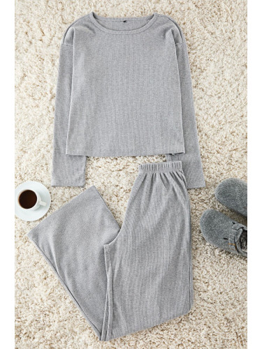 Trendyol Grey Melange Ribbed Knitted Pajama Set