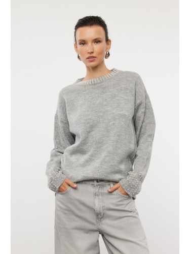 Trendyol Gray Soft Textured Stone Embroidered Knitwear Sweater