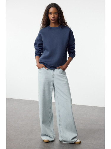 Trendyol Indigo Plain Oversize/Relaxed Cut Basic Crew Neck Thick/Polar Inside Knitted Sweatshirt