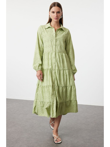 Trendyol Green Plain Embroidery Midi Shirt Woven Dress