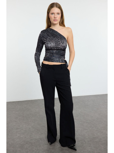 Trendyol Anthracite Leopard Printed Slim Tie Detailed Single Sleeve Crop Flexible Knit Blouse