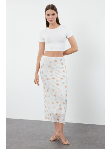 Trendyol Ecru Waist Detailed Printed Flexible Tulle Maxi Knitted Skirt