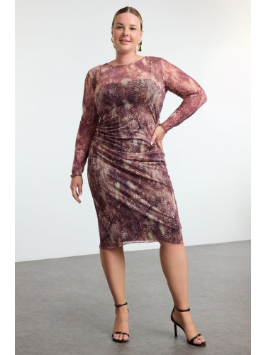 Trendyol Curve Brown Tulle Knit Plus Size Dress