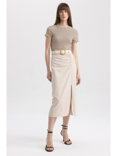 DEFACTO Straight Fit Normal Waist Slit Linen Blend Midi Skirt