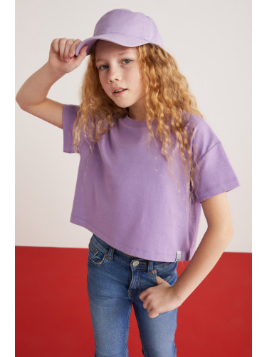 GRIMELANGE HEIDA-GRM24022- 100% cotton trim label girls kids short sleeve tshirt kids tshirt Purple T-Shirt