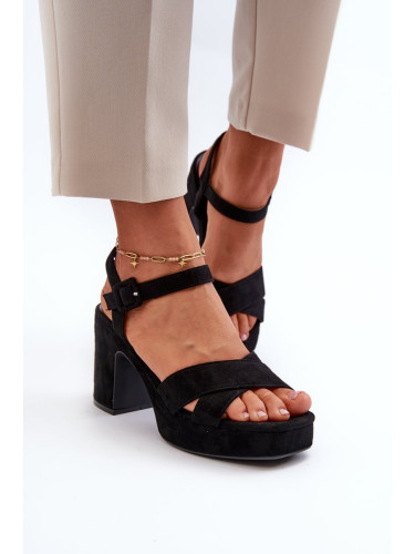 Women's sandals made of eco-friendly suede on a high heel and platform, black sakane