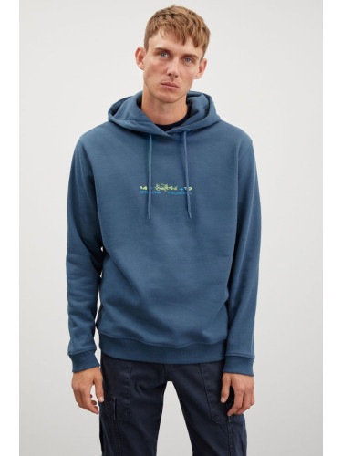 GRIMELANGE Jayan Men's Hooded Fleece Printed Petrol Green Sweatshirt