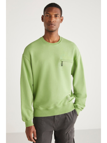 GRIMELANGE Casper Men's Zipper Pocket Round Neck Green Sweatshir