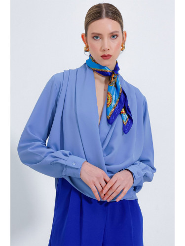 Bigdart Women's Blue Double Breasted Collar Flowing Satin Blouse 0492