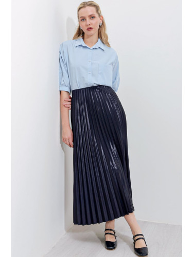 Bigdart 8009 Leather Look Pleated Skirt - Navy Blue