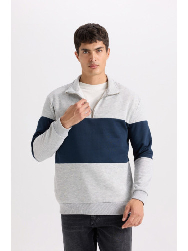 DEFACTO Comfort Regular Fit Casual Fit Stand Collar Striped Thick Sweatshirt