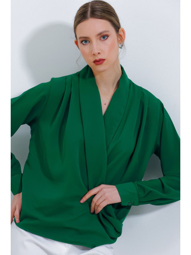 Bigdart Women's Emerald Green Double Breasted Collar Flowing Satin Blouse 0492