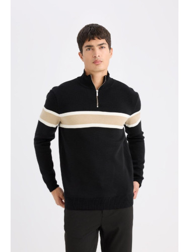 DEFACTO Black Standard Fit Regular Cut Stand Collar Zippered Striped Knitwear Sweater