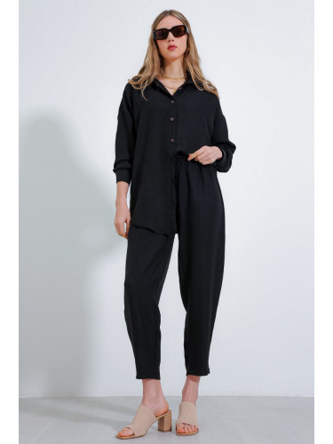 Bigdart Women's Black Oversize Comfortable Linen Bottom and Top Set