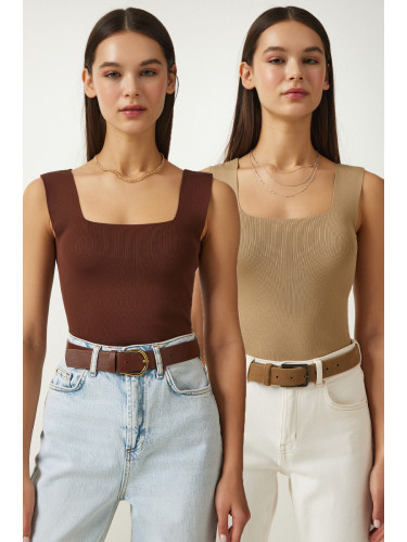 Happiness İstanbul Women's Brown Biscuit Square Neck Thick Strappy 2 Pack Knitwear Blouse