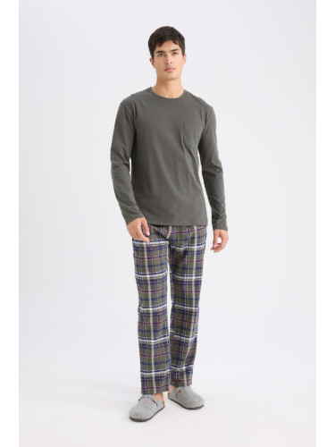 DEFACTO Men's Pajama Set Regular Fit Long Sleeve Basic Plain Top Plaid Bottom