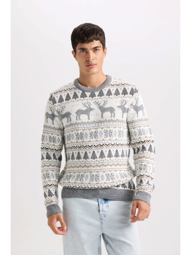 DEFACTO New Year Themed Standard Fit Regular Cut Patterned Crew Neck Knitwear Sweater