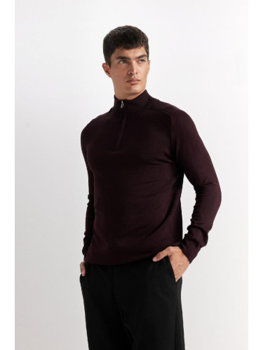 DEFACTO Men's Claret Red Standard Fit Half Neck Half Zipper Knitwear Sweater