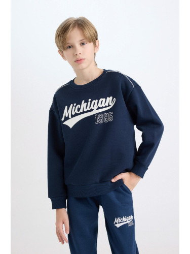 DEFACTO Navy Blue Boy Oversize Fit Wide Mold Crew Neck Printed Thick Sweatshirt