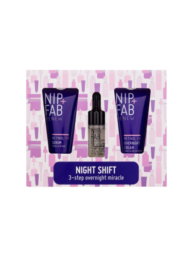 NIP+FAB Renew Night Shift Подаръчен комплект серум за лице Retinol Fix Serum 20 ml + крем за лице Retinol Fix Overnight Cream 20 ml + серум за лице Retinol Fix Concentrate Extreme 10 ml