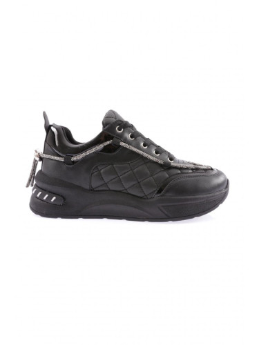 DGN Black - B2 Women's Silver Stone Rope Detailed Lace Up Sneakers Shoes Black Quilted