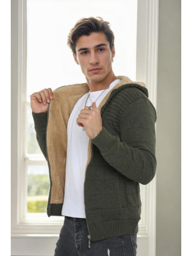 14455 Dewberry Furry Hooded Mens Sports Slim Fit Cardigan-Khaki