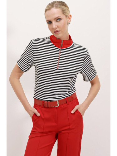 Bigdart Women's Red Polo Collar Zippered Striped T-Shirt 0497