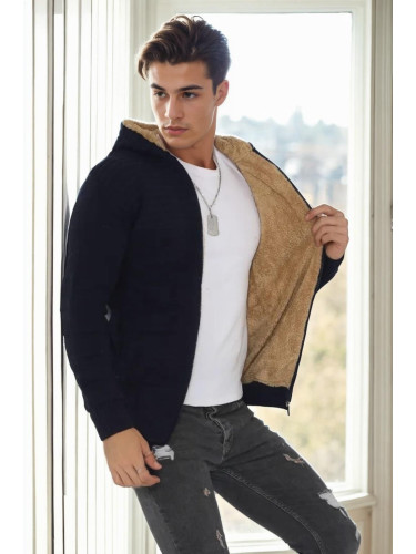 14455 Dewberry Furry Hooded Mens Sports Slim Fit Cardigan-NAVY