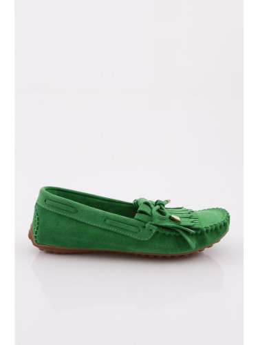 DGN Women's Tassel Detailed Loafer Shoes Green Suede Genuine Leather