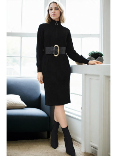 92522 Dewberry Long Knit Women Dress (Belt Not Included)-BLACK